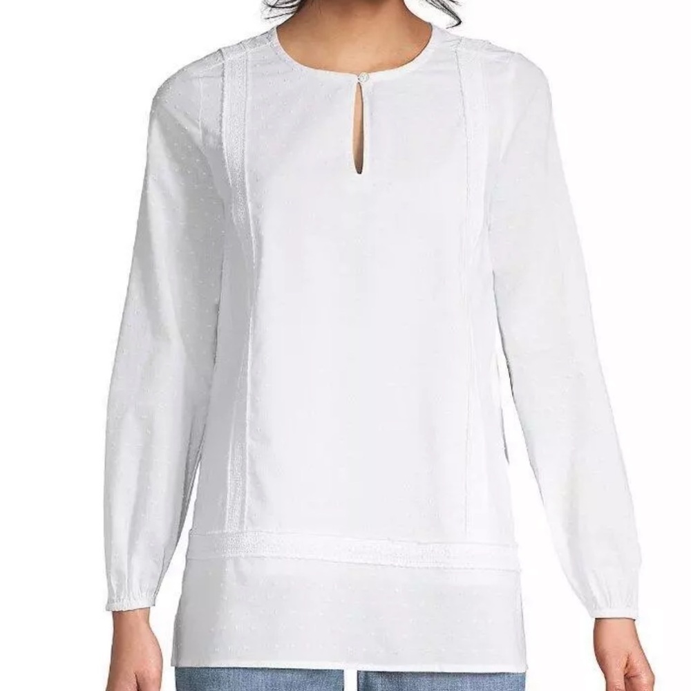 Lands' End White 100% Cotton Long Sleeve Tunic Large Blouse